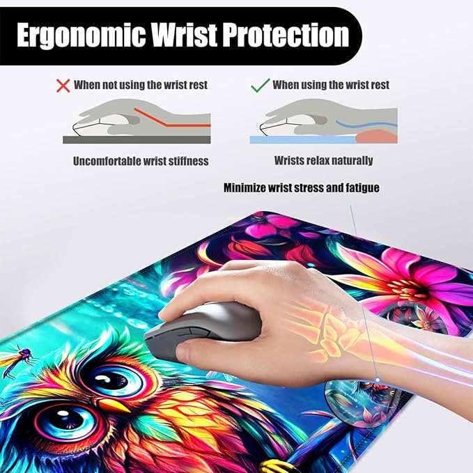 Mouse PadLarge Desk Mat Set 4in1 XL Mousepad + Keyboard Wrist Rest+Mouse Wrist Rest+Coaster with Ergonomic Desk Pad for Home Office Table Computer Cover -Owl Flowers Dragonflies