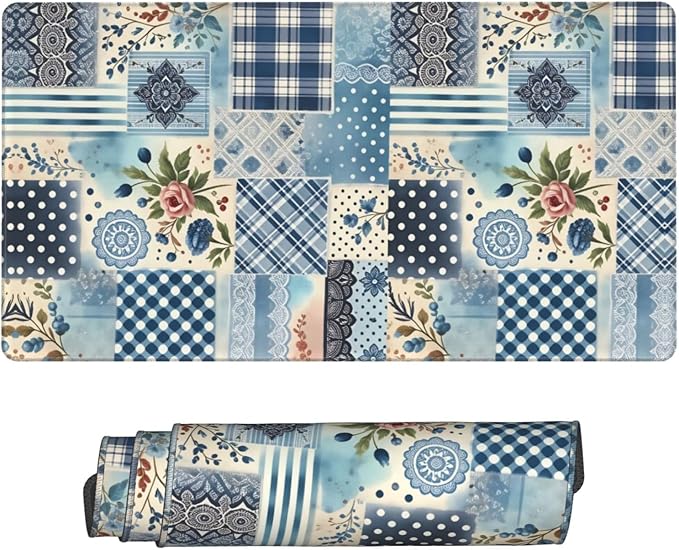 Vibrant Blue White Floral Bohemian Desk Cover MatExtended Large Mouse PadComputer Laptop Mat Desk Decor for Office Game Home 30x16 Inch