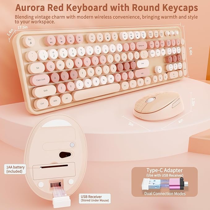 HotFox Wireless Keyboard and Mouse Combo Full-Size Retro Typewriter Keyboard with Round Keycaps Ergonomic Design for Windows PC Home and Office Use -Brown