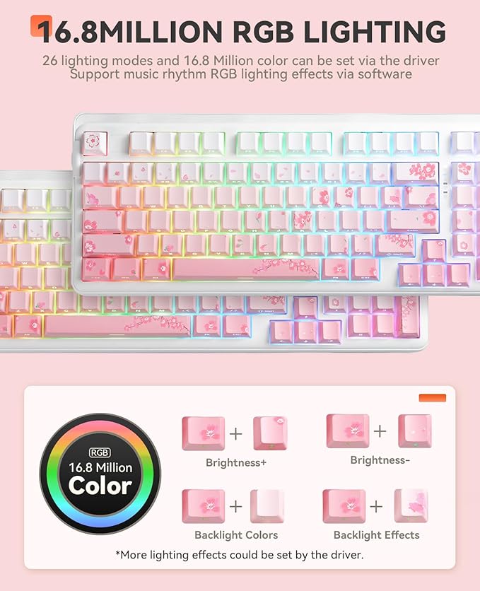 DAREU EK98pro Sakura Pink Wireless Mechanical KeyboardTri-Mode BT/2.4GHz/USB-C Creamy Gaming Keyboard with Number PadGasket StructureHot Swappable CustomRGB Backlit for Win/Mac