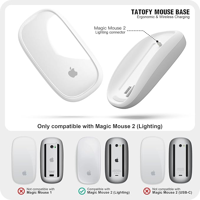 TATOFY Mouse Charger Compatible with Magic Mouse 2 (Lighting) Grip with Wireless Charging Support Ergonomic Base (White)