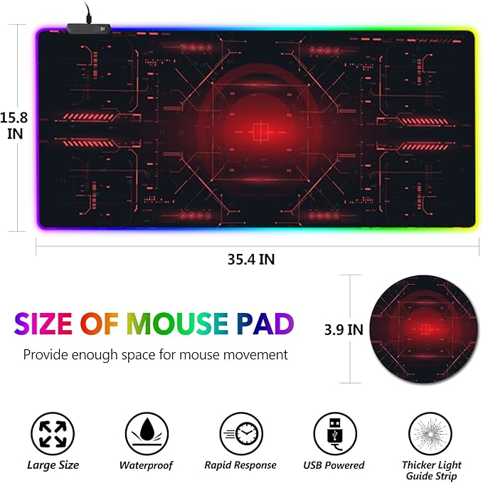 AIMSA Large Gaming Mouse Pad RGB Keyboard Led Mousepad Extended 35.4 x 15.8 inch Non-Slip Rubber Base with 14 Lighting Modes Desk Mat Red Circuit Board Motherboard