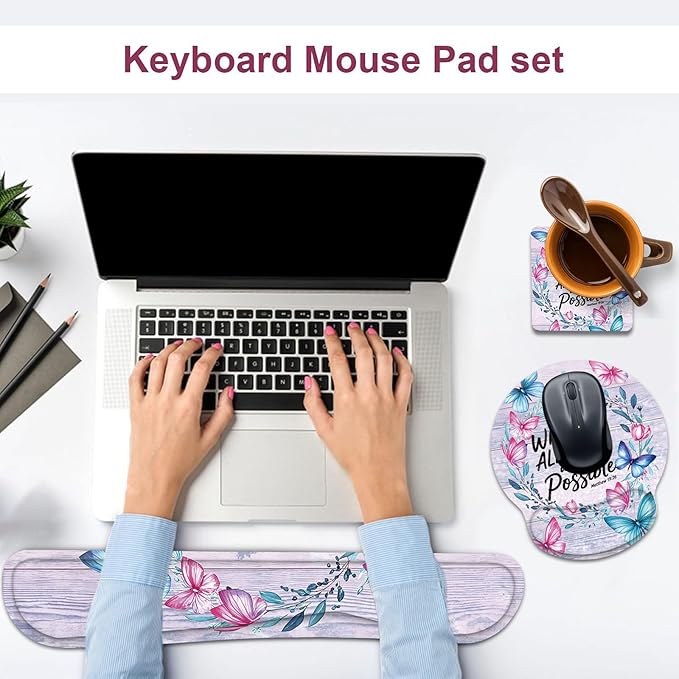 Keyboard Wrist Rest and Mouse Wrist Rest Pad with Cup CoasterMade of Memory FoamErgonomic SupportEasy-Typing and Pain Relieffor Gaming Office Home Computerwith God All Things are Possible Floral