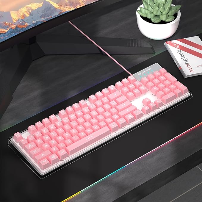 MageGee Gaming Keyboard 7 Solid Colors Backlit Wired Gaming Keyboard with Clear Housing and Double-Shot Keycaps K1 Waterproof Ergonomic 104 Keys Light Up Keyboard for PC Desktop Laptop Pink