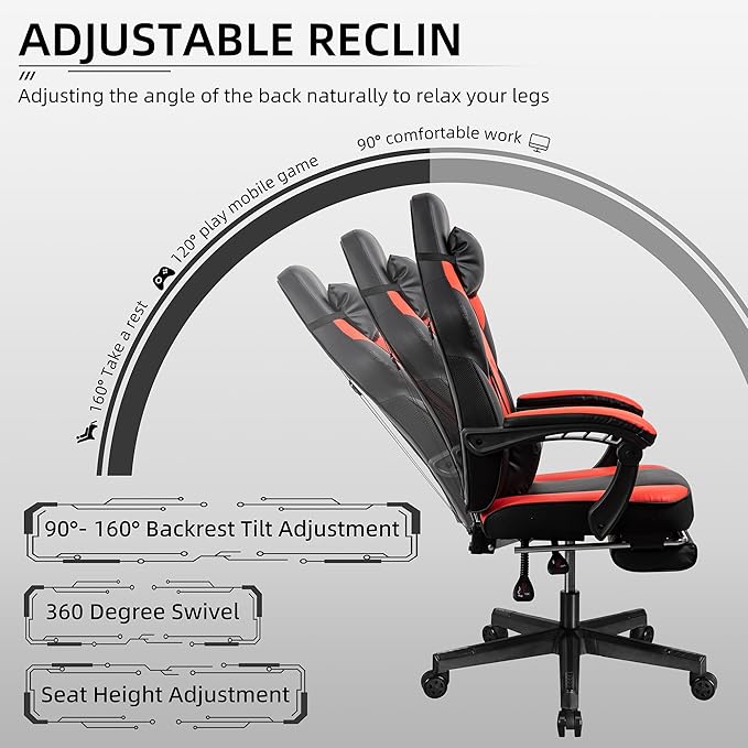Shintenchi Gaming Chair with Footrest Massage Lumbar Support Height Adjustment and 360° Swivel Seat. Ergonomic Design for Gaming
