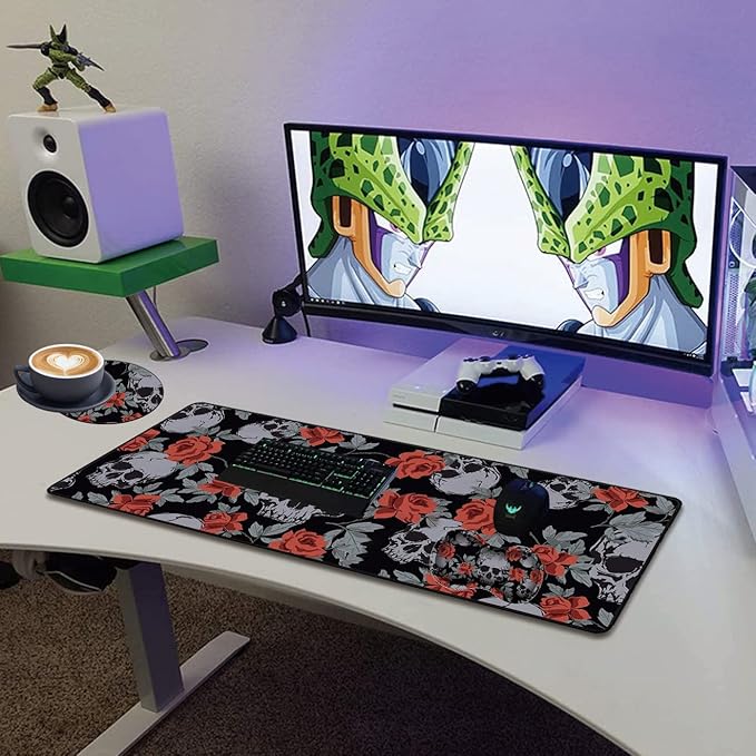 Extended Gaming Mouse Pad Desk Pad Keyboard Pad Mouse Wrist Rest and Coaster Anti-Slip Rubber Base Mouse Pad Suitable for Gaming and Office Human Skulls Vintage Roses