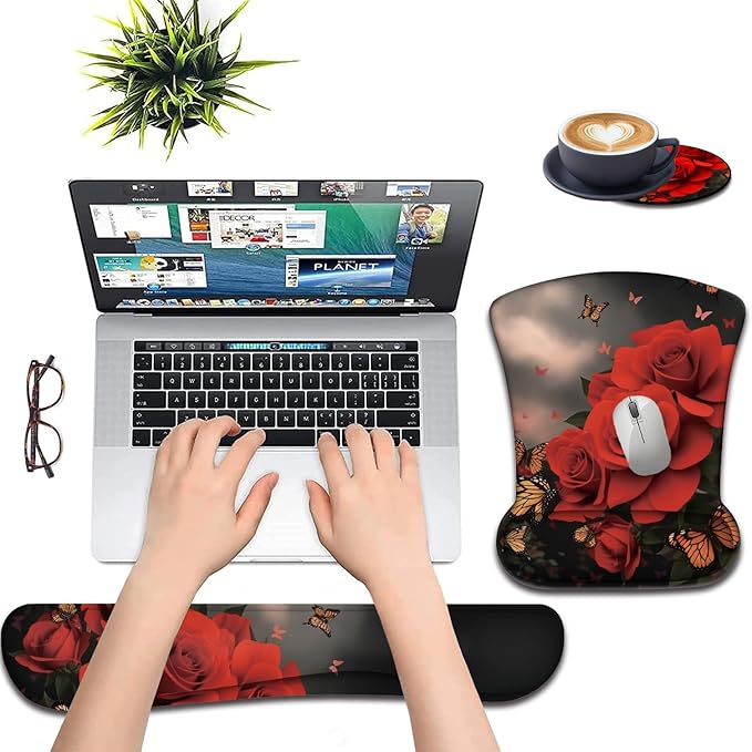 Keyboard Wrist Support + Wrist Mousepad + Coaster Combination Non-Slip PU Base with Gel Memory Mousepad Suitable for Gaming Office Pain Relief Mousepad Set - Flower Butterfly Pink Rose