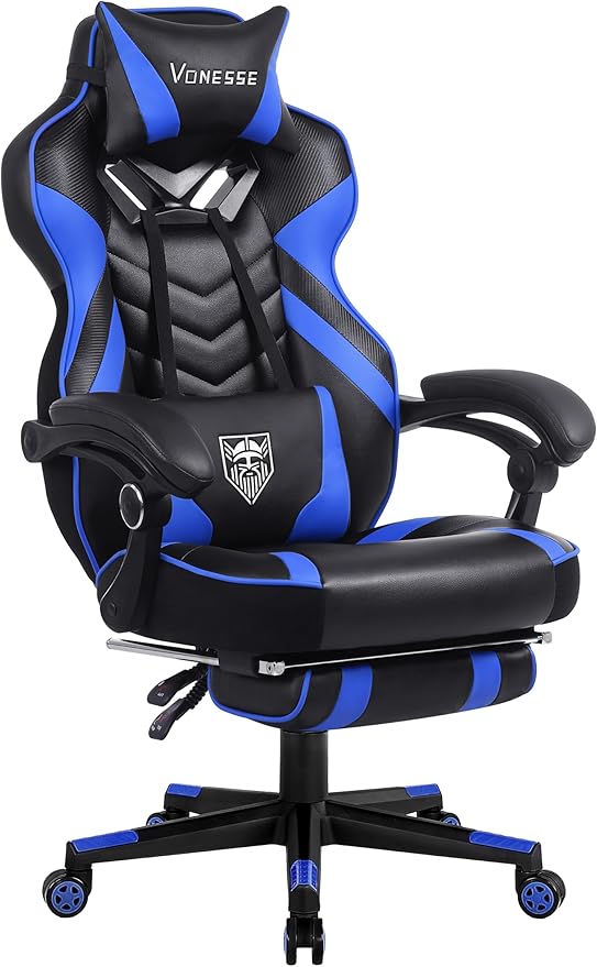 Vonesse Gaming Chair Big and Tall Gaming Chair with Footrest and Massage Gaming Chairs for Adults with Lumbar Support Ergonomic High Back Computer Chair with Pocket Spring Cushion (Black/Blue)