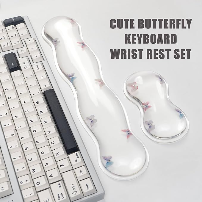 Gel Keyboard and Mouse Wrist Rest Set – Clear Wrist Rest for Computer Keyboard 60%/68%/75% Comfort &amp Support for Typing and Gaming (Cute Butterfly)
