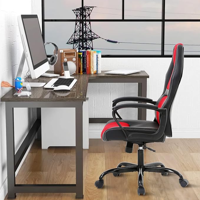 Computer Chair Ergonomic Desk Chair Racing Gaming Chair with Armrest &ampHeight Adjustable High Back Computer E-Sports Chair Task Swivel Executive Seat PU Leather Chair for Home Office (Red)