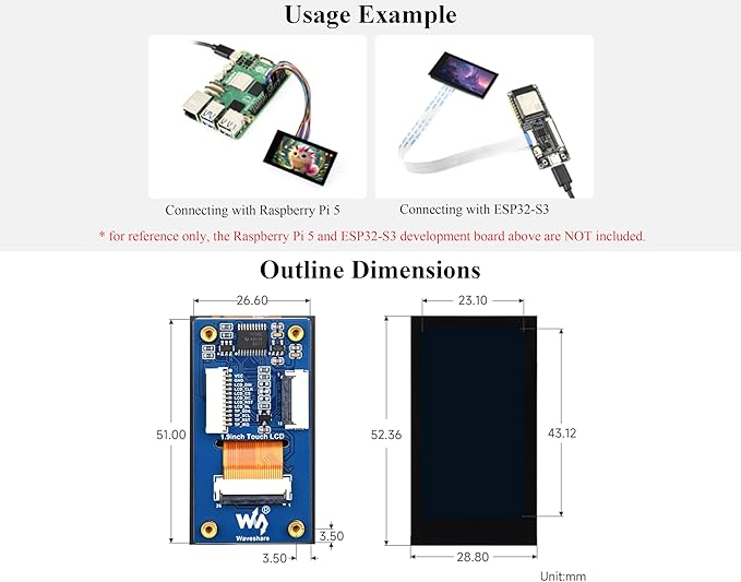 1.9inch Touch LCD Display Module Micro LCD Display 172x320 Resolution IPS SPI and I2C Communication 262K Display Color Compatible with Raspberry Pi ESP32S3 Pico etc.
