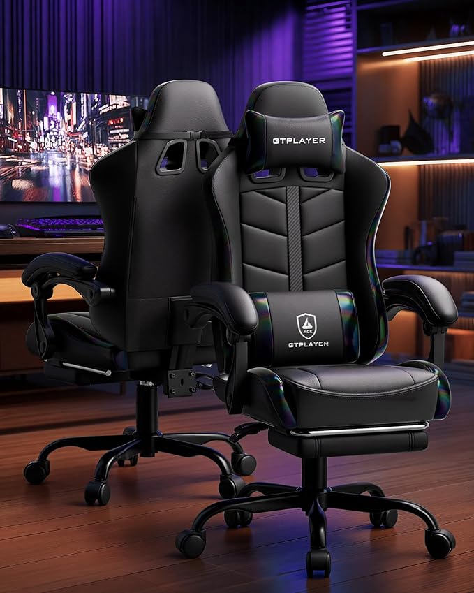 GTPLAYER Gaming Chair for Adults Ergonomic Computer Gaming Chair with Footrest Height Adjustable 90-155° Recline &amp Removable Headrest Lumbar Support Colorful Black