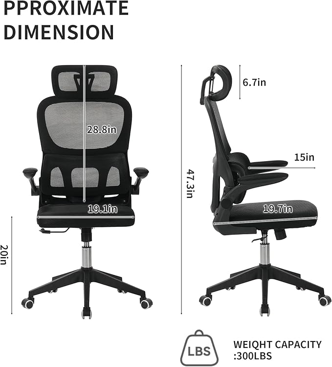 High Back Ergonomic Office Chair - Big and Tall Mesh Desk Chair with 3D Adjustable Headrest &amp Lumbar Support Swivel Computer Task Chair for Home Office Wide Seat 300lbs Capacity (Black Model F