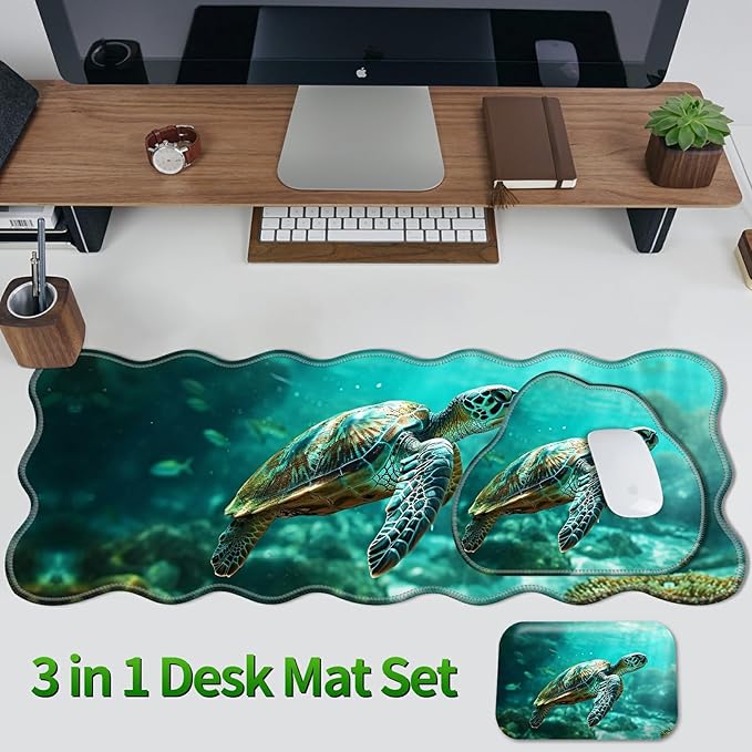 3-Piece Ergonomic Desk Mat &amp Cloud Wrist Rest Set Large 31.5 x 11.8 Wave Office Desk Pad with Memory Foam Support Non-Slip Computer Protector for Home Gaming &amp Writing Blue Sea Turtle
