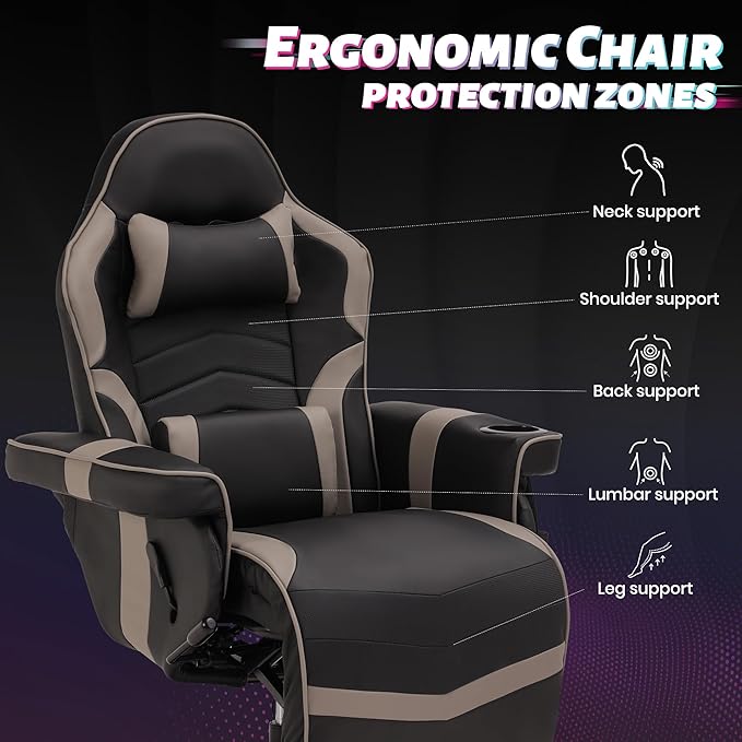 Game Reclining Chair with Adjustable Height PU Gaming Chair with Massage Long Footrest and Lumbar Support High Back Swivel Computer Game Chair for Adult (Gray)