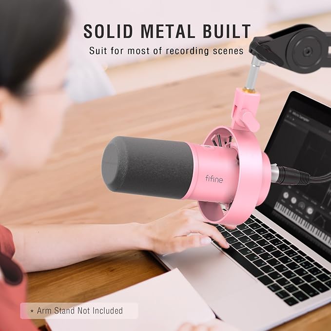 FIFINE XLR/USB Dynamic Microphone Studio XLR Vocal Podcast Microphone for Recording USB Streaming Mic with Mute Button Gain Knob Headphones Monitoring for Voice-Over Video-Amplitank K688 Pink