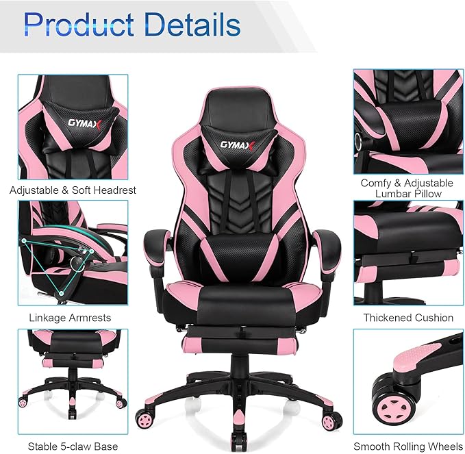 GYMAX Gaming Chair Ergonomic Computer Chair with Footrest Linkage Armrests &amp Lumbar Cushion Big Wide High Back Video Gaming Chair Reclining Office Rolling Chair for Adult/Teens (Pink)