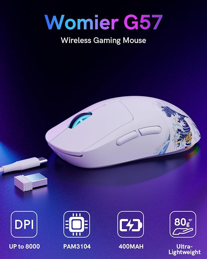 G57 Wireless Gaming Mouse 8000 DPI 80g 2.4G/Bluetooth/USB-C Rechargeable Wireless Mouse with 5 Programmable Buttons for PC/Mac White