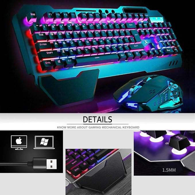 Wireless Gaming Keyboard and Mouse Combo with Rainbow LED Backlit Rechargeable 4800mAh Battery Metal Panel Mechanical Ergonomic Waterproof Dustproof 7Color Mute Mice for Computer PC Mac Gamer (Purple)