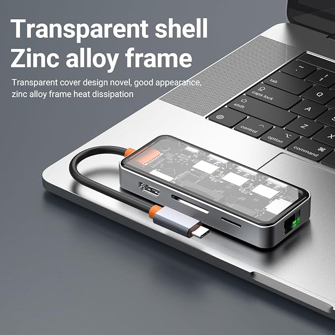 DroiX NT8 Clear USB Hub with Ultra-Fast RJ45 Gigabit Ethernet 4K HDMI 2.0 Output Rapid 100W PD Charging Versatile 3X USB Type-A 3.0 Ports Dual Micro/SD Card Readers Sleek Design.