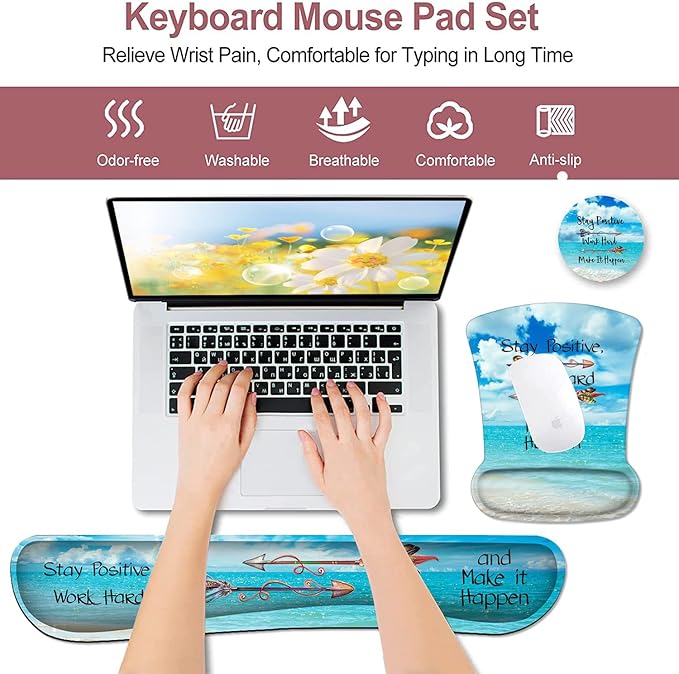 Mouse Pad Square Beach Style Anti-Slip Rubber Mousepad with Durable Stitched Edges for Gaming Office Laptop Computer Cute Custom Pattern Stay Positive Work Hard and Blue Sky Ocean