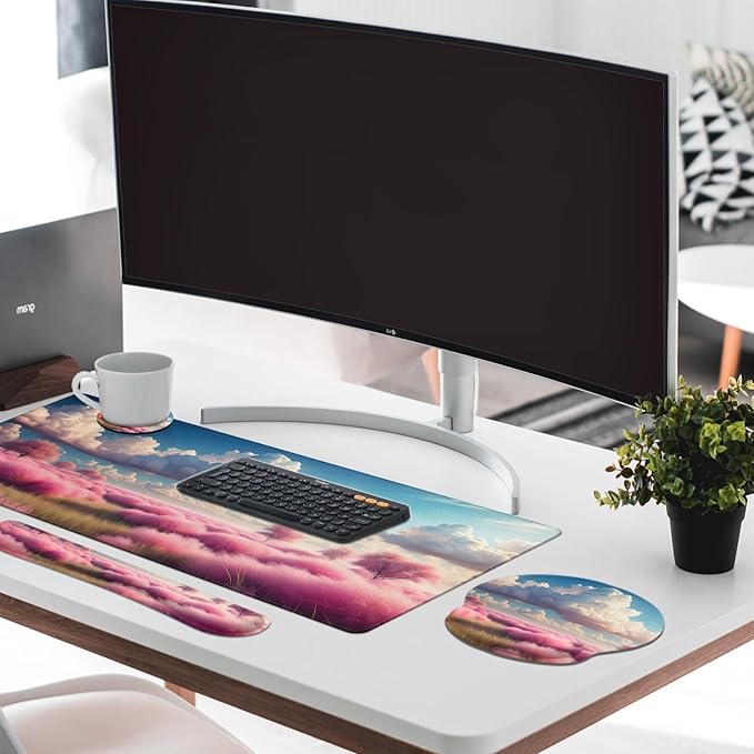 Britimes Dreamy Clouds Pink Plants Keyboard Mouse Pad Set 4in1 Large Mousepad+Keyboard Wrist Rest+Mouse Wrist Rest+Coaster Set with Ergonomic Design for Home Office Computer 35.4x15.7 inches