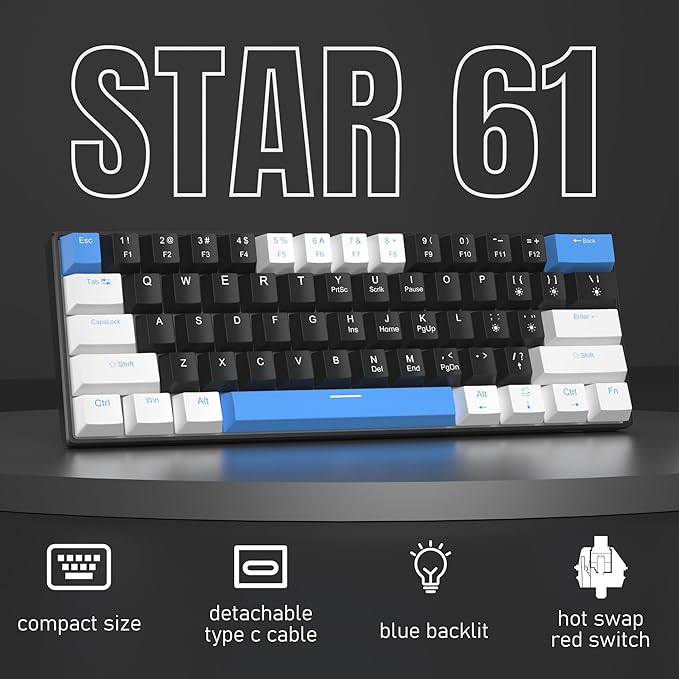 Camiysn 60% Mechanical Gaming KeyboardWhite Black Blue Keycaps Gaming Keyboard with Linear Red Switch Detachable Type-C Cable Mini Keyboard with Blue LED Light for Windows/Mac/PC/Laptop