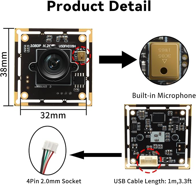 1080P Low Light USB Camera Module for Computer 2MP H.264 30fps Wide Angle Mini UVC USB2.0 Webcam Board with Microphone Embedded Industrial Camera Plug and Play for Windows Linux MacOS Raspberry Pi