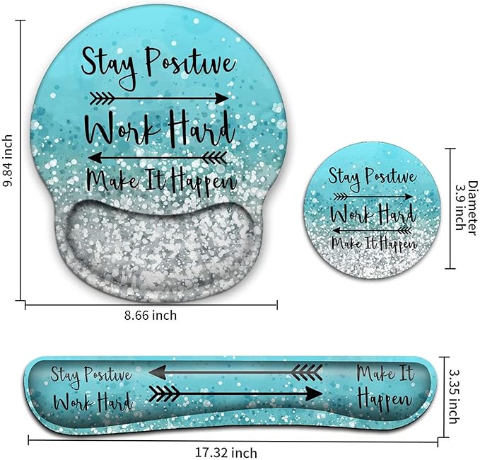 Keyboard Wrist Rest and Mouse Pad with Wrist Support Ergonomic Mouse Pad CoasterEasy Typing Pain ReliefKeyboard Mousepad SetStay Positive Work Hard and Make It Happen Blue Glitter