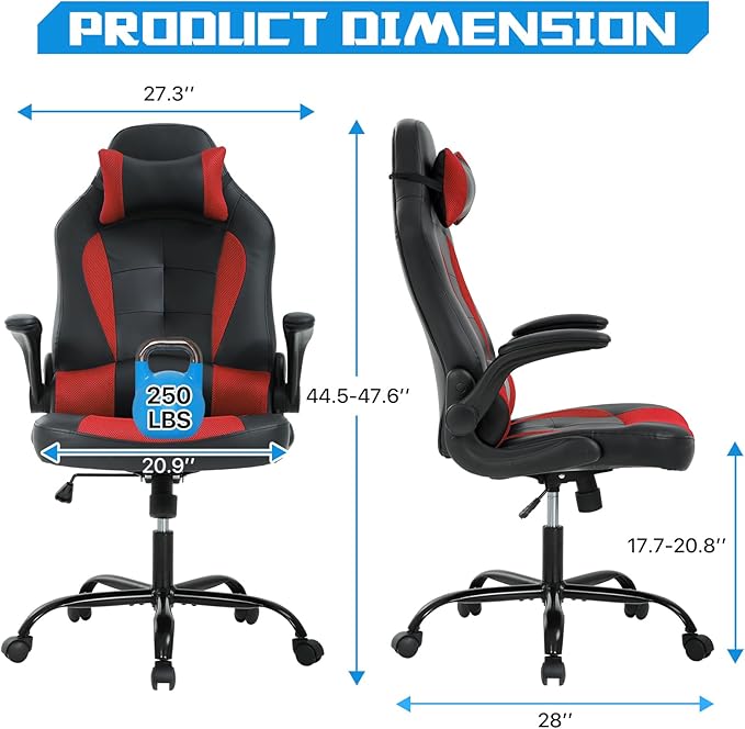PC Gaming Chair - Ergonomic PC Office Chair w/Adjustable Lumbar Support &amp Headrest High Back PU Leather Computer Desk Chair for Adults (350lbs Capacity) (Red)