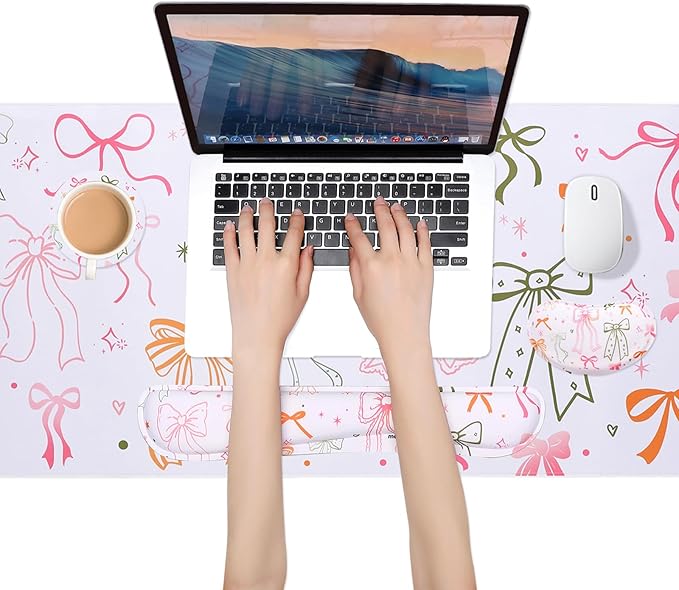 MEGREZ 4-in-1 Ergonomic Memory Foam Wrist Rest Set Desk Pad Mouse Pad with Wrist Rest Keyboard Pad Suitable for Office Workers Programmers &amp Gamers–Relieve Typing &amp Gaming Fatigue Bow