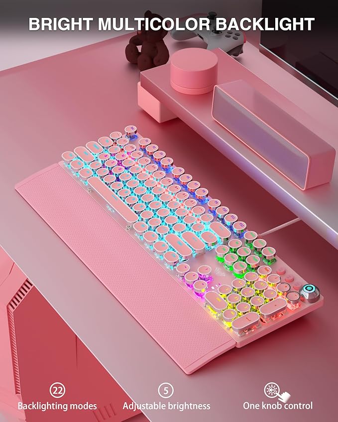AULA F2088 Typewriter Mechanical Keyboard Pink Retro Wired Gaming Keyboard with Blue Switches Rainbow Backlit Round Keycaps Media Knob &amp Removable Wrist Rest