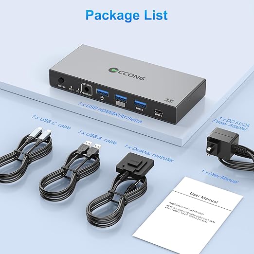 USB C HDMI KVM Switch 1 Monitors 2 Computers4K@60Hz KVM Switch 2 Port for 1 Laptop 1 Desktop Share 1 Monitor Keyboard Mouse Printer and 100W PD Charging for LaptopWired Remote 2 USB Cable Included