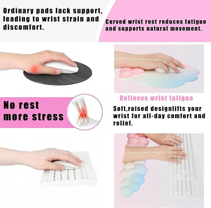 OUEST Cloud Wrist Rest Keyboard and Mouse Pad with Cute Ergonomic Memory Foam Non-Slip PU Base for Computer Mac Laptop Office Gaming-Orange/Blue/Pink