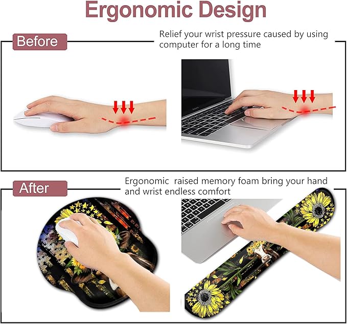 Ergonomic Mouse Pad with Gel Wrist Rest Support Suitable for Office Typing Games Mouse PadSoft Non-Slip Relieves Wrist Fatigue Beautiful Sunflower and Cute Cow Pattern Design Desktop Decoration