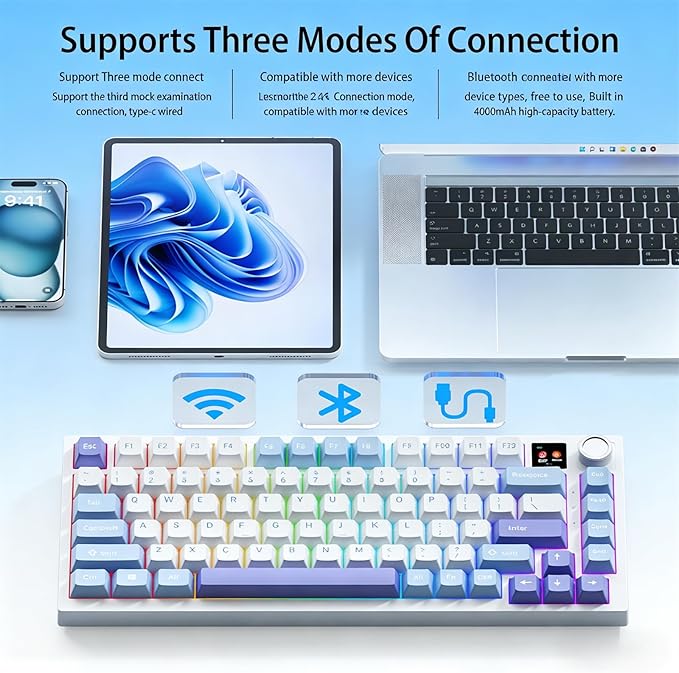 FKZ K75 Mechanical Keyboard with Knob Screen75% Hot Swap Tri-Mode Bluetooth 5.0/2.4G Wireless/Type-C Wired RGB Gaming Keyboard PCB Gasket Mount Custom Creamy Blue&ampWhite Keyboard