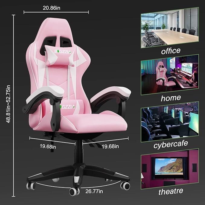Pink Gaming Chair High Back Ergonomic Computer Gamer Chair with Headrest and Lumbar Support Racing Style Reclining Game Chair for Adults Kids