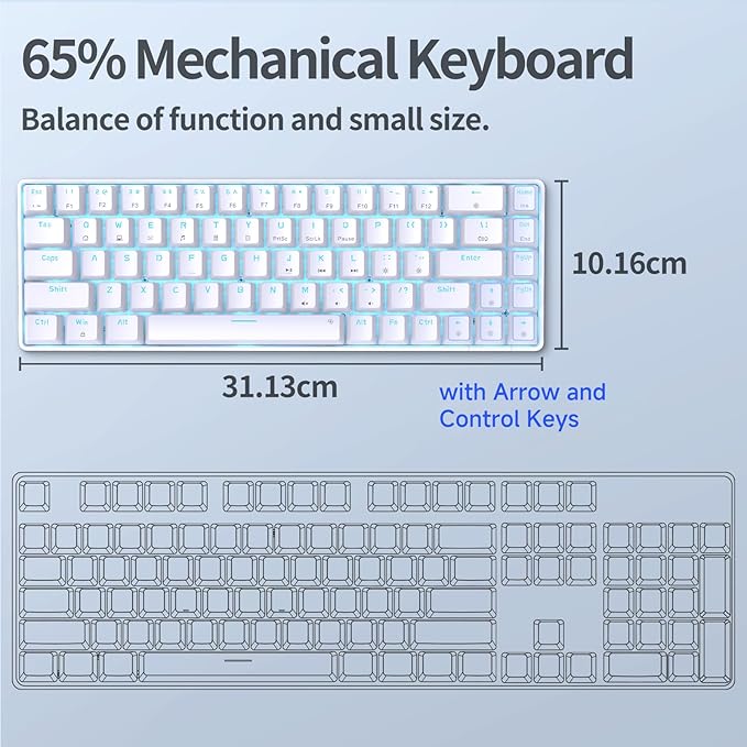 TMKB T68SE 60% Mechanical Gaming Keyboard – Ultra-Compact 68 Keys Wired Keyboard with Blue Switches LED Backlit Dedicated Arrow &amp Control Keys – White – for Windows PC/Laptop/Gamers/Typists
