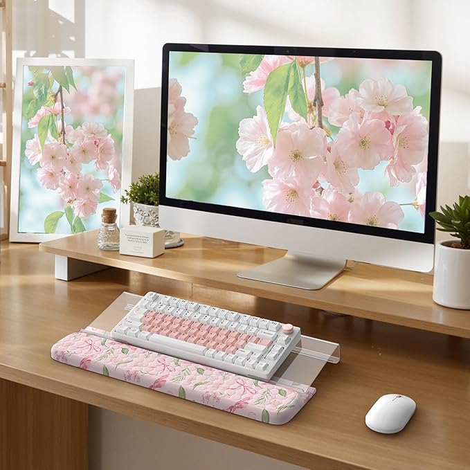 2 in 1 Keyboard Stand for Desktop Floral Wrist Support for Keyboards Anti-Fatigue Memory Foam Wrist Rest for Computer 3-Angle Adjustable Keyboard Riser for Office Home (Pink Bow)