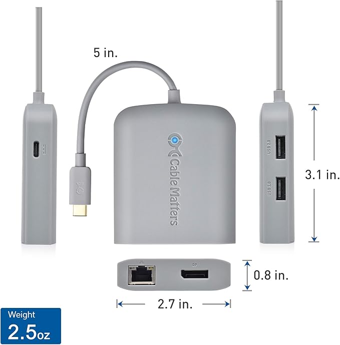 Cable Matters USB C Hub DisplayPort 4K@60Hz (USBC DisplayPort Hub) 100Mbps Ethernet 2X USB 60W Host Charging in Gray - Thunderbolt 4 / Thunderbolt 3 Port Compatible for MacBook Pro