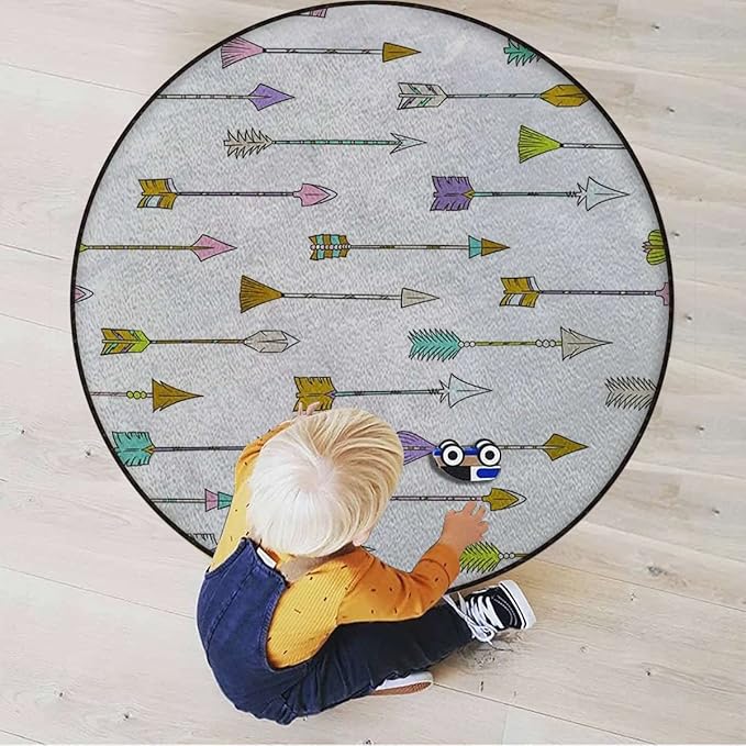 Arrows Round Carpet Playmat - Play Learn and Have Fun SafelyCrawling Mat Educational Soft Rug Shower/Birthday Gift Geometric Colorful Arrows PatternCharcoal Grey Gold Diameter 43.3 in