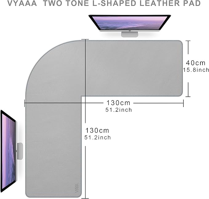 Vyaaa L-Shaped Leather Desk Pad ProtectorLarge Gaming Mouse PadOffice and Home Desk Mat 51 x 51 x 15.7 Inch Light Gray