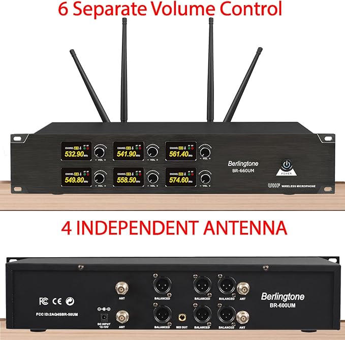 Professional 6-Channel UHF Wireless Microphone System Cordless Metal Handheld Dynamic Mics Perfect for Karaoke Church Singing DJ 262ft Range (BR-660UM)