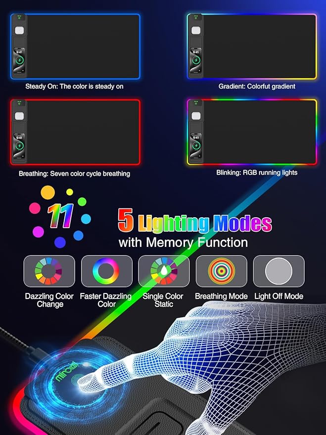 Mouse Pad with Foldable Phone Holder &amp Wireless Charger XXL RGB Gaming Mousepad 31.5x15.8 Large Desk Mat for Keyboard Black Desk Pad with Dual Qi Charging Station | 11 Colors 5 Modes | Waterpr