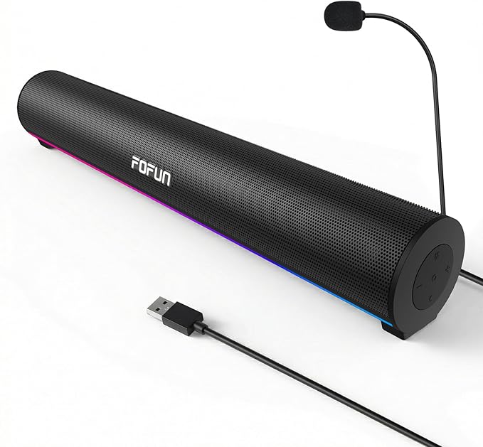 Computer Sound Bar with Detachable ENC Microphone Enhanced Bass Gaming Soundbar Bluetooth 6.0 USB-A Plug and Play PC and Bluetooth Mode 3EQ 10 RGB Speaker for Gaming MusicMeeting