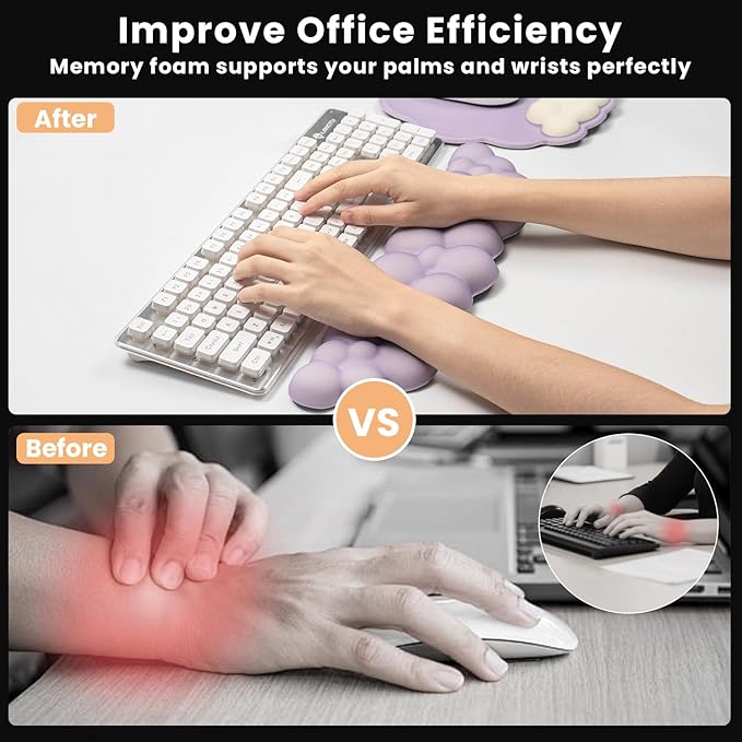 Memory Foam Keyboard Wrist Rest &amp Mouse Pad Set - Ergonomic Support for Laptop Mac &amp PC Cute Purple Cloud Design Non-Slip Base for Typing Gaming Pain Relief Comfortable Office Desk Must-