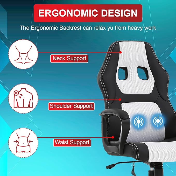 Gaming Chair with Massage Function PU Leather Chairs Ergonomic Office Chair Executive Computer Chairs High Back Computer Task with Lumbar Support Adjustable Height White