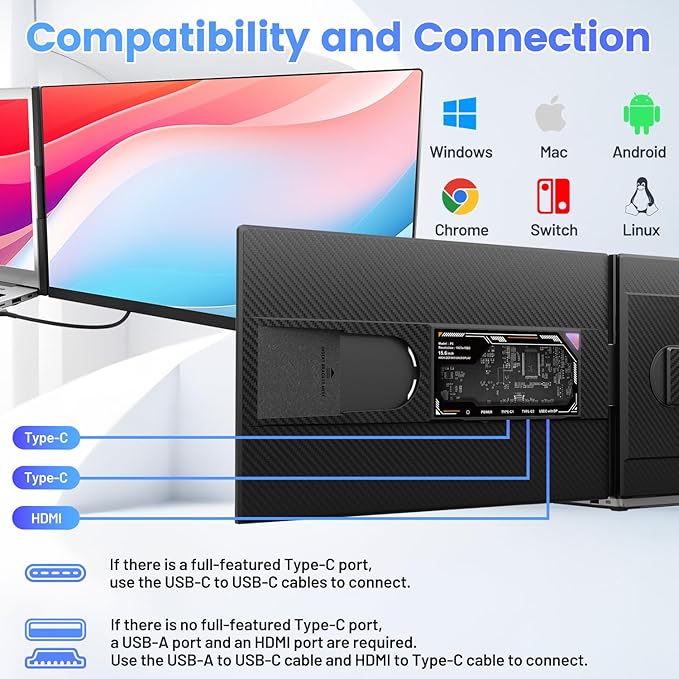 Teamgee 15.6 Laptop Screen Extender Slim &amp Lightweight Portable Monitor for Laptop Full HD IPS 360° Rotating Stand Detachable USB-C Plug &amp Play RGB Lighting Thin Bezels