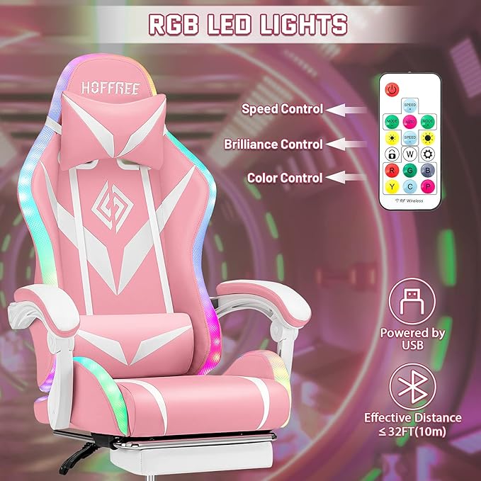 HOFFREE RGB Gaming Chair with Speakers and Massage Ergonomic Computer Chair with Lights and Footrest Reclining Video Game Chairs for Adults Pink and White