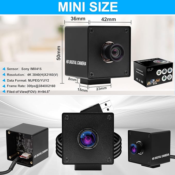 ELP 4K USB Camera with Microphone for Computer and Raspberr pi Mini UVC USB2.0 Webcam IMX415 USB with Camera 2160P Audio Video Lightburn Camera PC Laptop USB Camera (100degree no Distortion Lens)